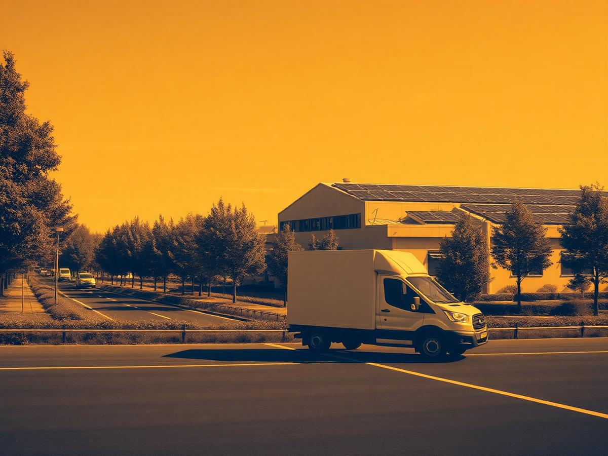 Green logistics — sustainable delivery vehicle near a solar-powered warehouse
